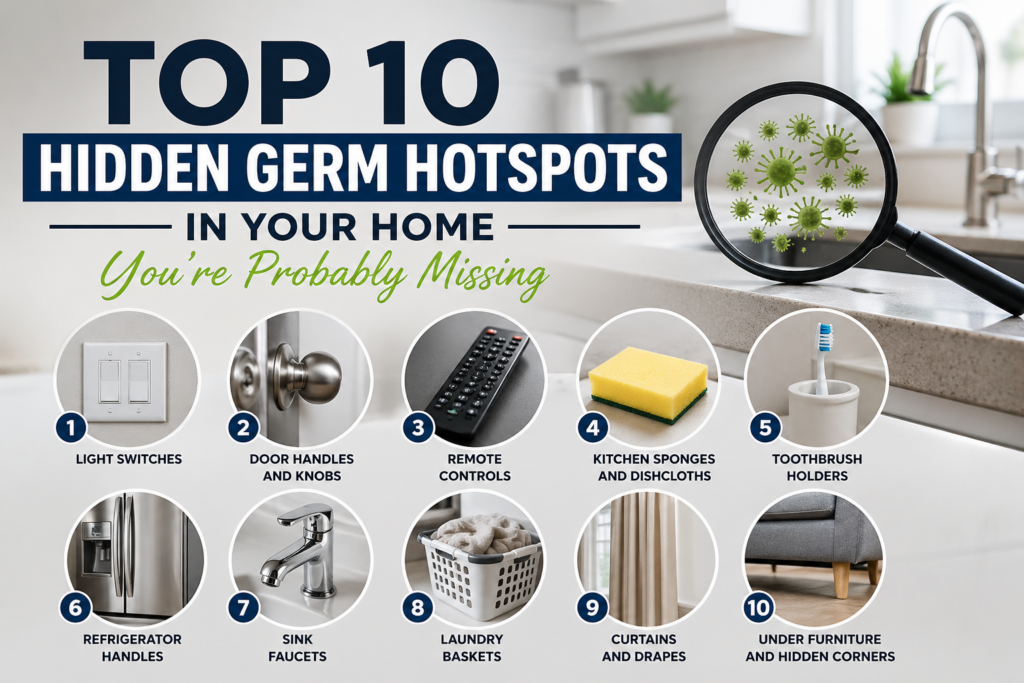 Infographic: Top 10 hidden germ hotspots in your home, listing switches, door handles, remotes, sponges, toothbrush holders, and more.