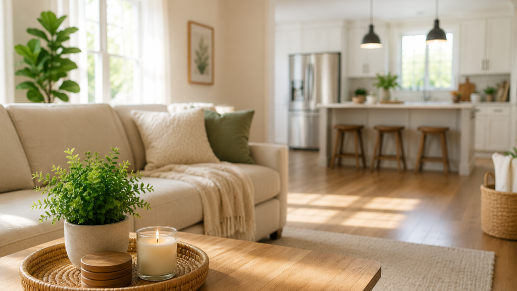 Cozy living room with a beige sofa, green plant, and a candle on a woven tray in the foreground; bright kitchen visible in the background.