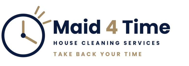 Logo for Maid 4 Time House Cleaning Services featuring a blue clock icon and the slogan Take Back Your Time.